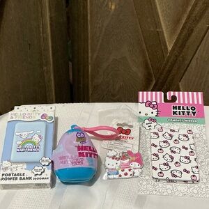 NIP Hello Kitty 4pc Bundle. Power Bank, Bag Charm, Compact Mirror, and Keychain